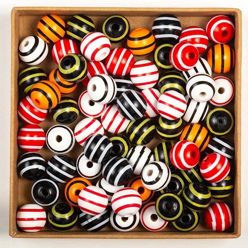12Pcs16mm Colored Striped Round Wooden Beads DIY Wooden Mini Beads Party Home Decoration Children's Fun Hand Beading Toys Gift