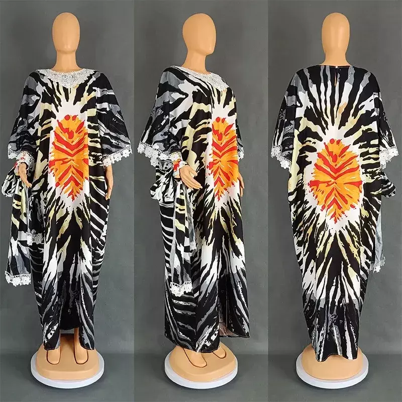 African Dresses for Women Muslim Fashion Lace Boubou Dashiki Traditional Africa Clothes Ankara Outfits Evening Gown with Headtie