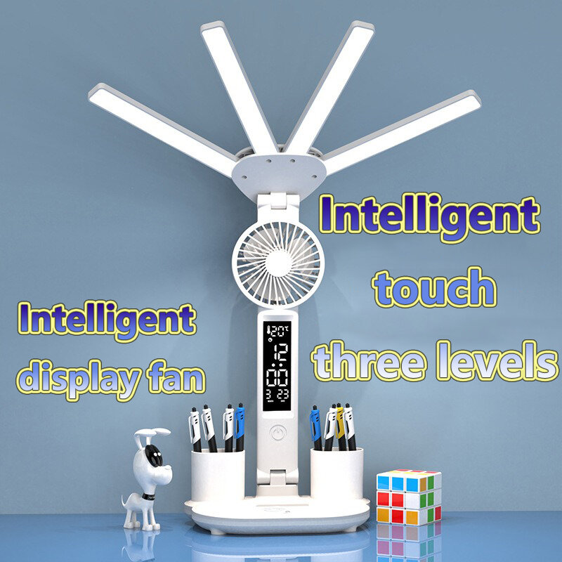 Lampe de protection des yeux LED multifonctionnelle avec affichage de la température, lampe de bureau intelligente, porte-stylo pliable à quatre têtes, ventilateur lumineux