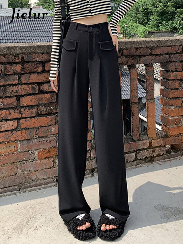 Jielur-Calça solta preta reta feminina, cor pura, bolsos chiques, zíper, terno feminino, básico, escritório, senhora, moda casual