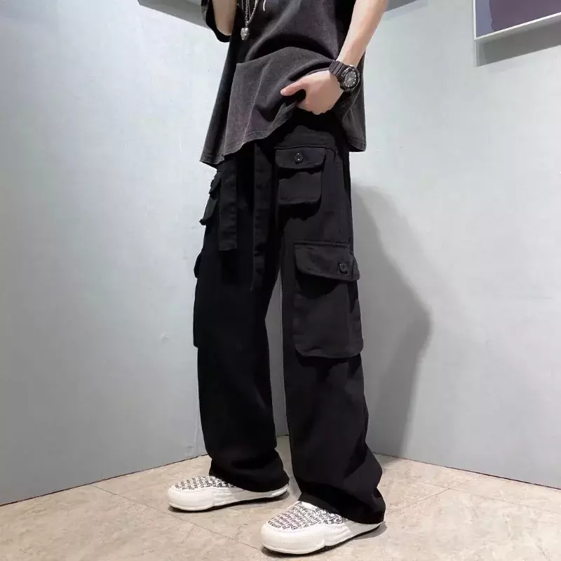 Calças cargo com bolsos múltiplos para homens, calça reta de algodão, estética regular, estilo coreano hip hop, Y2k, nova