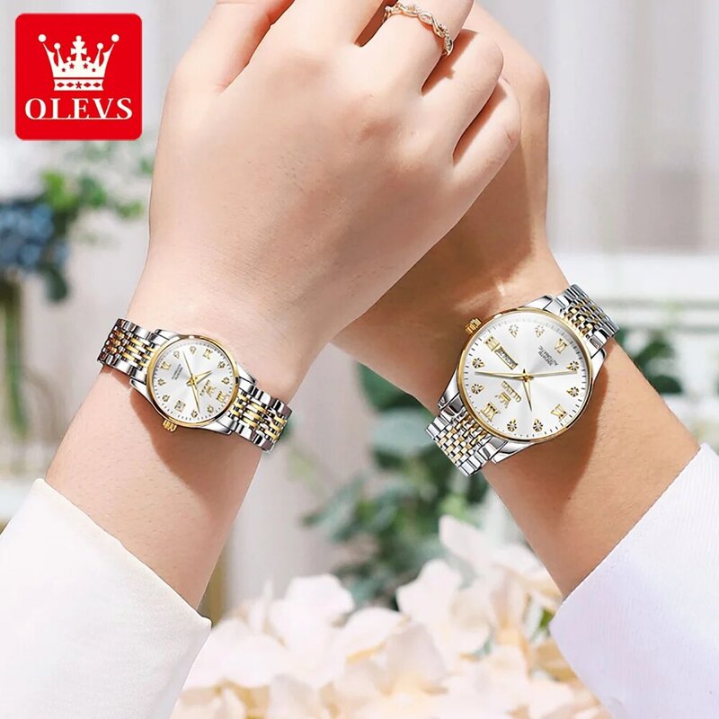OLEVS นาฬิกากลไกคู่แฟชั่นสำหรับผู้ชายและผู้หญิง, นาฬิกาข้อมือสแตนเลสสตีลกันน้ำเรืองแสงของขวัญวาเลนไทน์