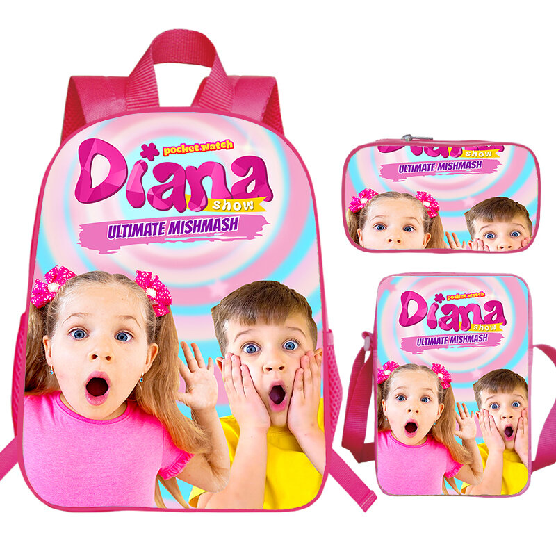 Sac à dos imprimé Diana Show pour enfants, sac à dos souple pour garçons et filles, sac d'école primaire, joli sac à livres Diana, rose, ensemble de 3 pièces