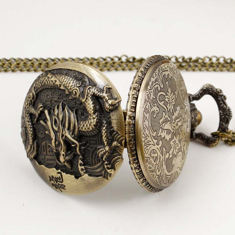2022 novo vintage bronze dragão chinês flip mostrador branco quartzo bolso relógio colar corrente presente para mulheres masculinas