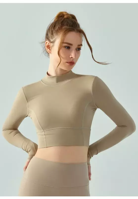 Stand-up Collar Autumn and Winter Yoga Clothes Long-sleeved Female Water Drop Semi-fixed Cup Hollow Back Sports Tight Top