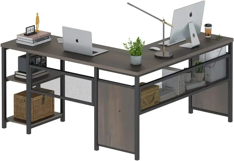 FATORRI L 자형 컴퓨터 책상, 선반이 있는 산업용 홈 오피스 책상, 가역 목재 및 금속 코너 책상, 월넛 다크 브라운, 5