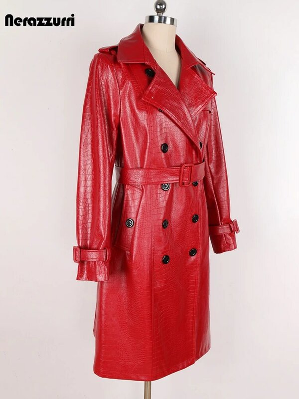 Nerazzurri-gabardina larga de piel sintética para mujer, abrigo rojo brillante con estampado de cocodrilo duro, cinturón de doble botonadura, moda europea 5xl, Primavera