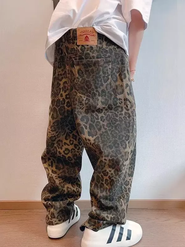 HOUZHOU-Jeans estampado leopardo masculino, calças jeans grandes, calças masculinas de perna larga, streetwear de hip hop, vintage, solto, casual, estampa animal