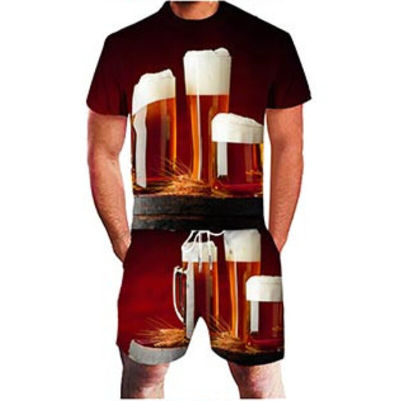 Conjunto de t-shirt e shorts de cerveja 3D masculino, agasalho, gola redonda, roupa casual, pulôver, tendência, moda, 2 peças, verão