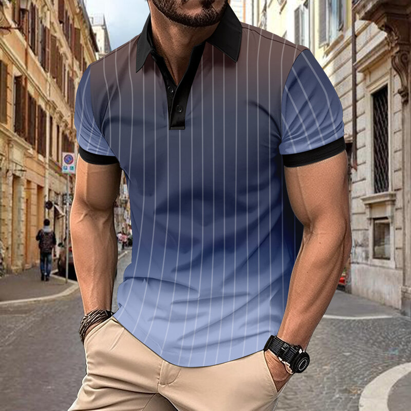 Camisa polo esportiva casual masculina, listra de botão de contraste de cor, moda verão, nova