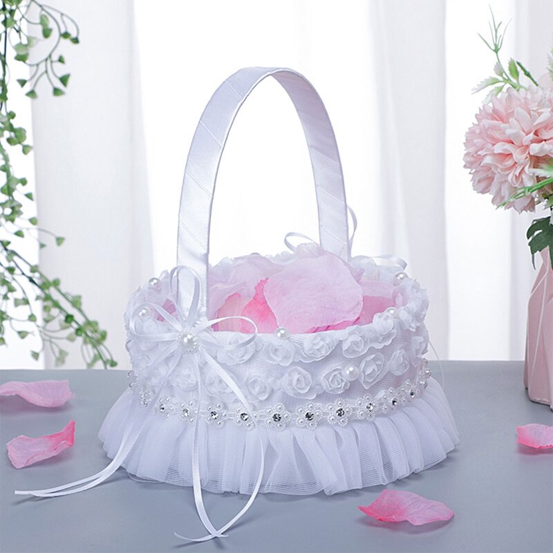 Wedding Flower Girl Baskets Elegant White Small Piece Round or Heart Shaped Flower Basket Satin Lace Faux Flowers Decor