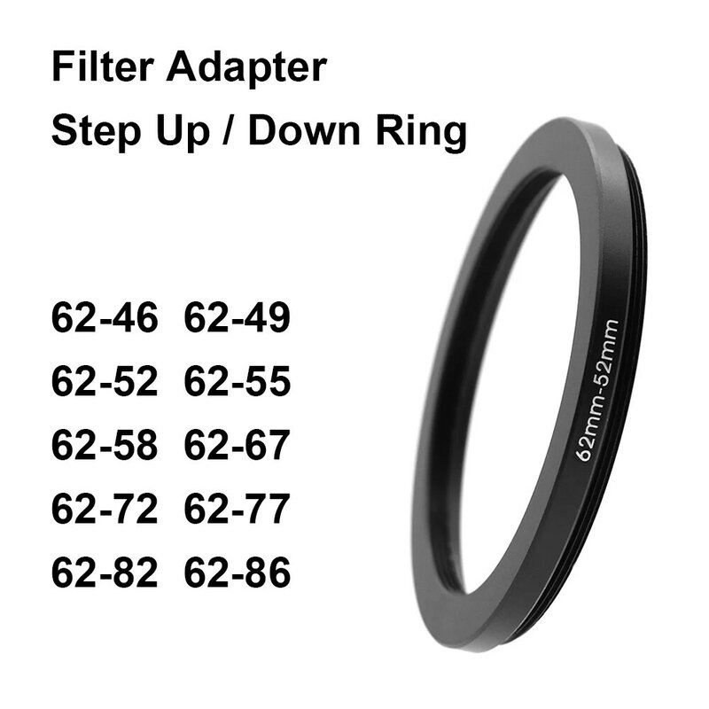 Anillo adaptador de filtro de lente de cámara, anillo de aumento hacia arriba o hacia abajo de Metal 62 mm - 46 49 52 55 58 67 72 77 82 86 mm para cubierta de lente UV ND CPL, etc.