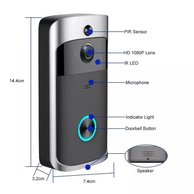 Bel pintu Video WIFI cerdas, kamera detektor gerakan dioperasikan nirkabel dengan Speaker, monitor jarak jauh penglihatan malam untuk iOS & Android