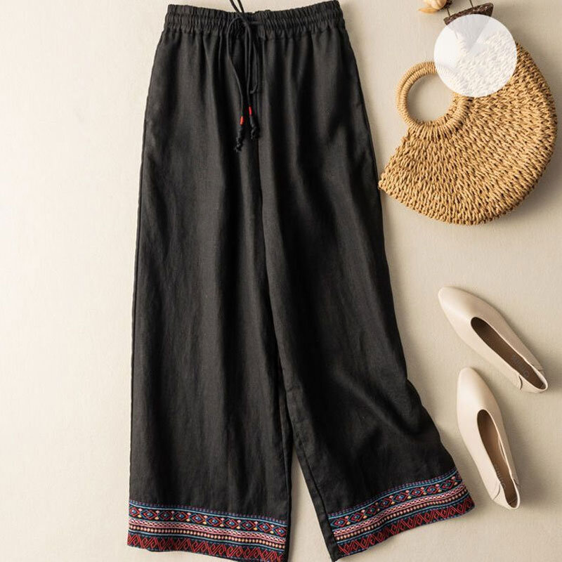 Calça casual reta de perna larga feminina, calça com cordão elástico, moda folclórica bordada, cintura alta, verão, nova