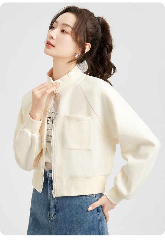 Spring and Autumn Standing Collar Cardigan Sweater Jacket for Women with Small Stature, Zippered Short Jacket, Upper Garment