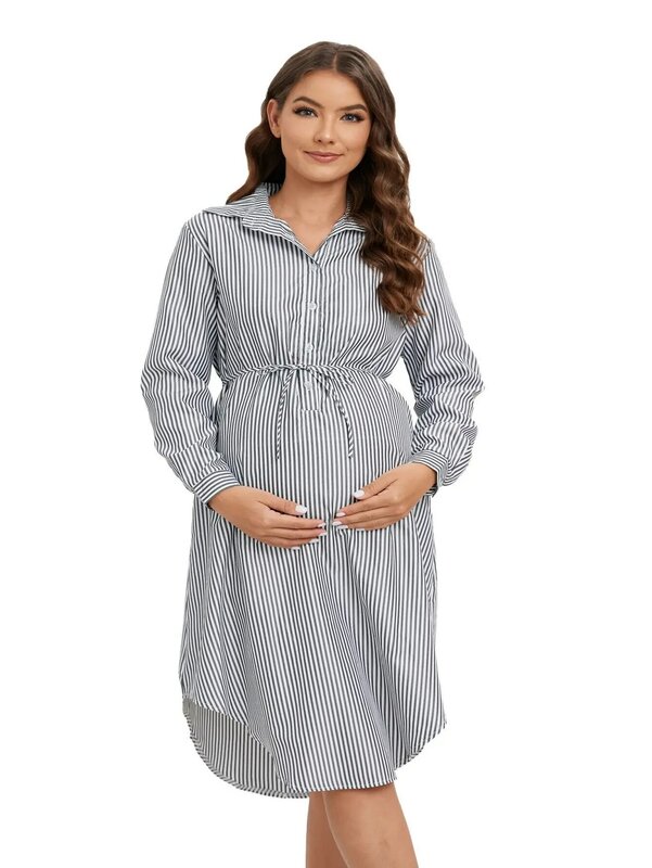 Vestido maternidade manga comprida com forro listrado, estilo europeu e americano