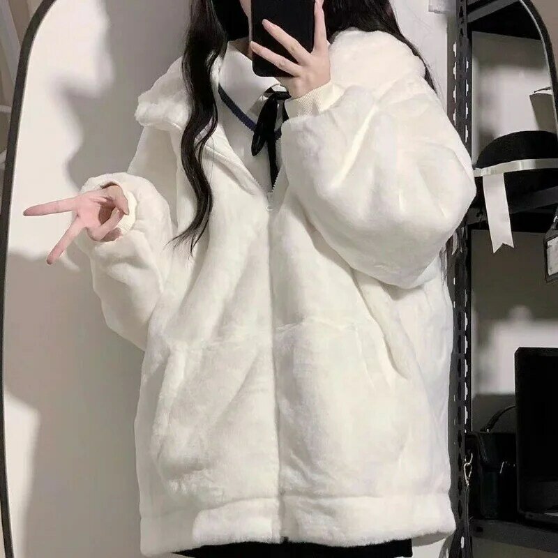 Deeptown ผู้หญิง Zip Hoodie Thicken Fuzzy ขนแกะเสื้อ Harajuku หมีหู Oversize เสื้อขาวน่ารักฤดูหนาว Outerwear ใหม่