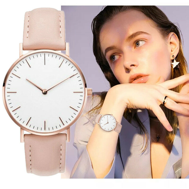 Часы наручные женские с кожаным ремешком, простые элегантные повседневные, розовые белые, наручные, 2023