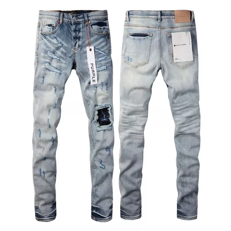 Jeans in denim di marca viola di alta qualità 1:1 High street blue hole patch riparazione di colore chiaro pantaloni in denim attillati rialzati bassi