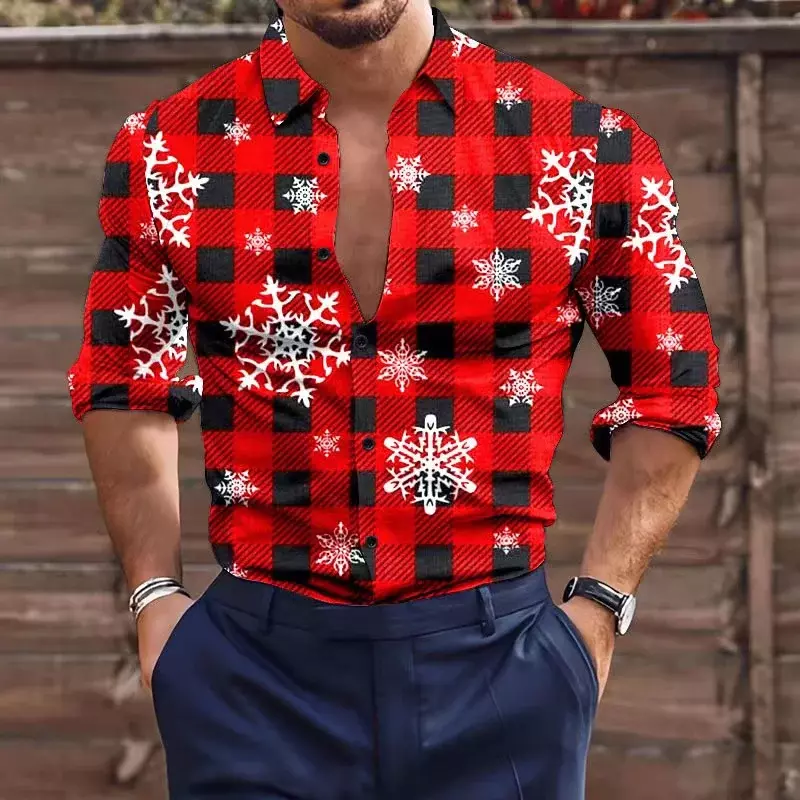 Shirt Christmas Button Long Sleeve Casual Outdoor Plaid Elk Christmas Snowman 2023 New Designer Design Men's Plus Size