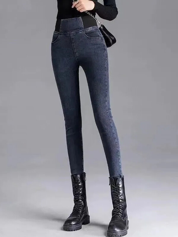 Calça de lápis jeans forrado a veludo, magro, quente, elástico na cintura, strench, preto, clássico, luxuoso, jeans grossos, fino, neve, inverno