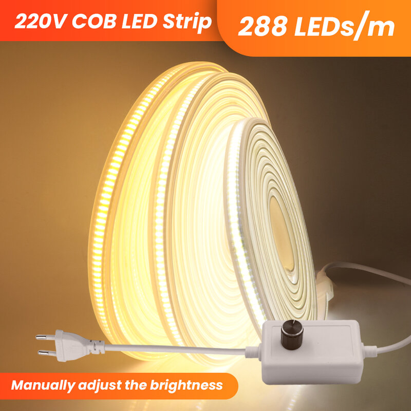 조도 조절 COB LED 스트립, IP67 방수 야외 LED 스트립 조명, 스위치 고밀도 288LED 유연한 LED 테이프 리본, 220V