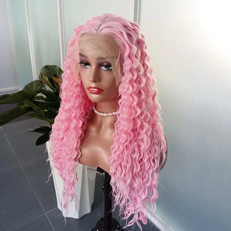 Diniwig Wig keriting Afro panjang merah muda Wig depan renda sintetis untuk wanita Wig sintetik gelombang dalam rambut serat panas Wig Cosplay Natal
