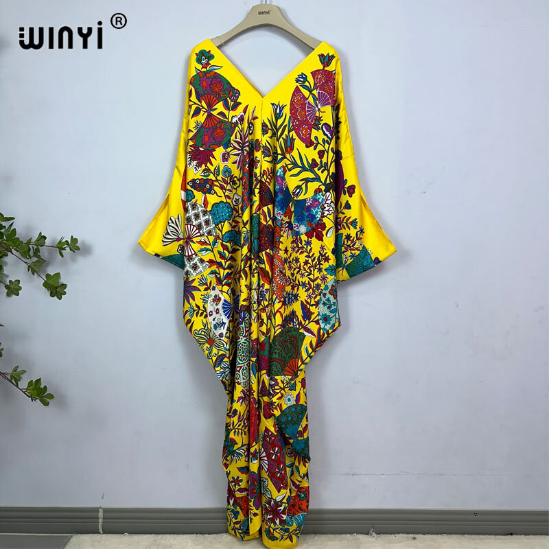 WINYI gaun panjang: 130cm mode gaun Turki Bohemia cetak abaya wanita maxi kaftan warna musim panas gaun malam Afrika Wanita