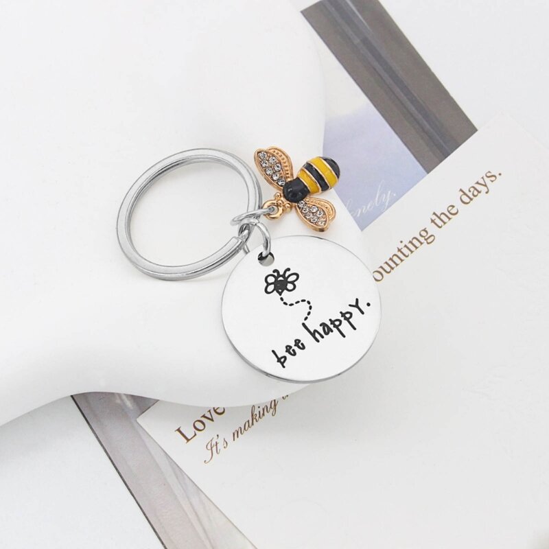 L5YA Animal Bees Happy Keychain Encourage Keyring Car Keys Holder Bag Backpack Luggage Pendant Ornament for Women Men