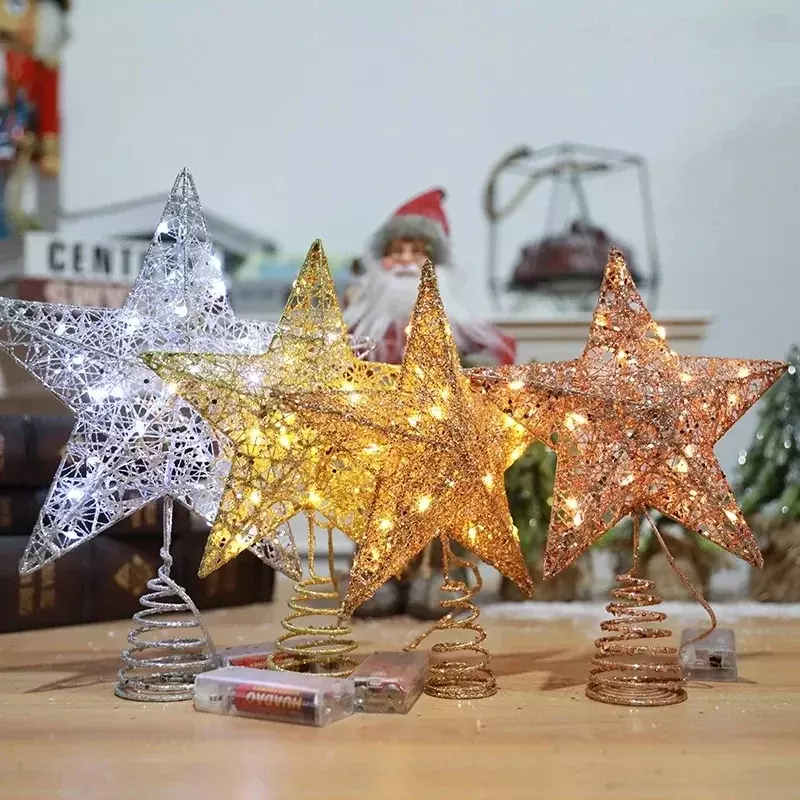 Árvore De Natal Topper Estrela Com Luzes De Fio De Cobre LED, Ferro Glitter Em Pó, Decoração Para Casa, Enfeites, Feliz Natal