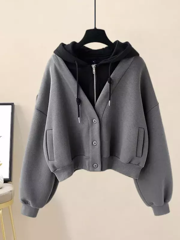 Women's  Sweatshirt Suit Women 2023 High Street Fake Two Piece Hooded Jacket