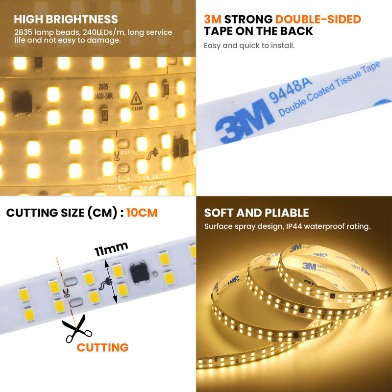 고휘도 방수 LED 스트립 접착 테이프, SMD 2835, 120LEDs/m, 240LEDs/m, 흰색, 노란색, 아이스 블루, 10m, 20m, 220V