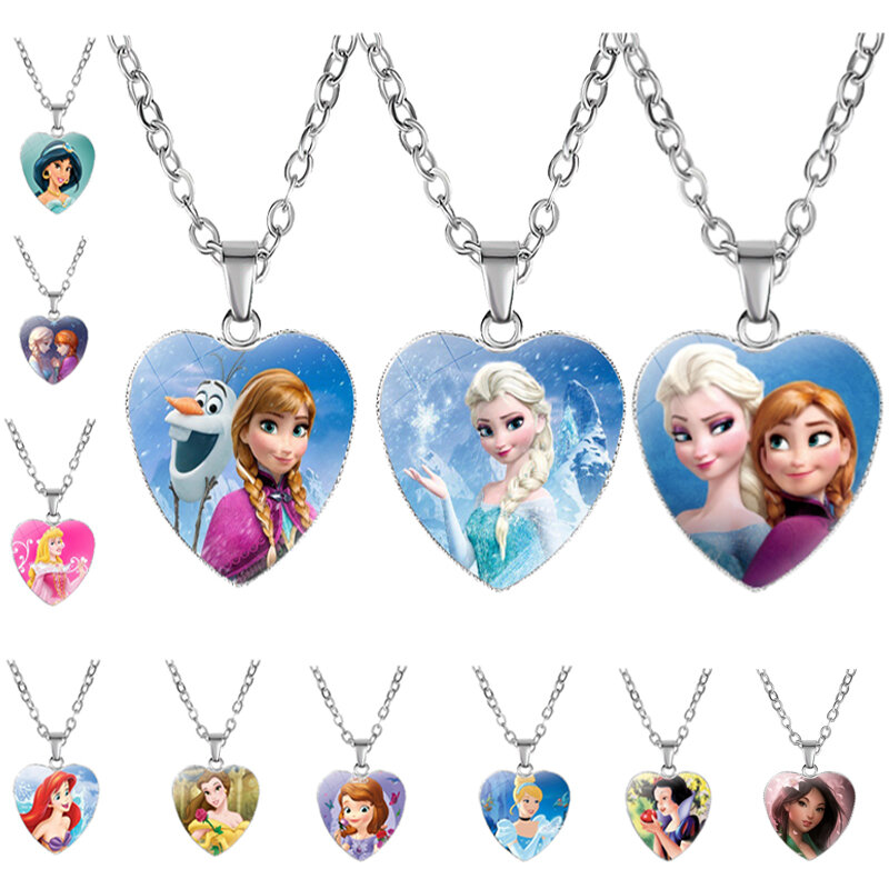 Disney-Frozen 2 colares infantis, Elsa dos desenhos animados, princesa Anna, pingente em forma de coração, acessórios para meninas, presentes infantis