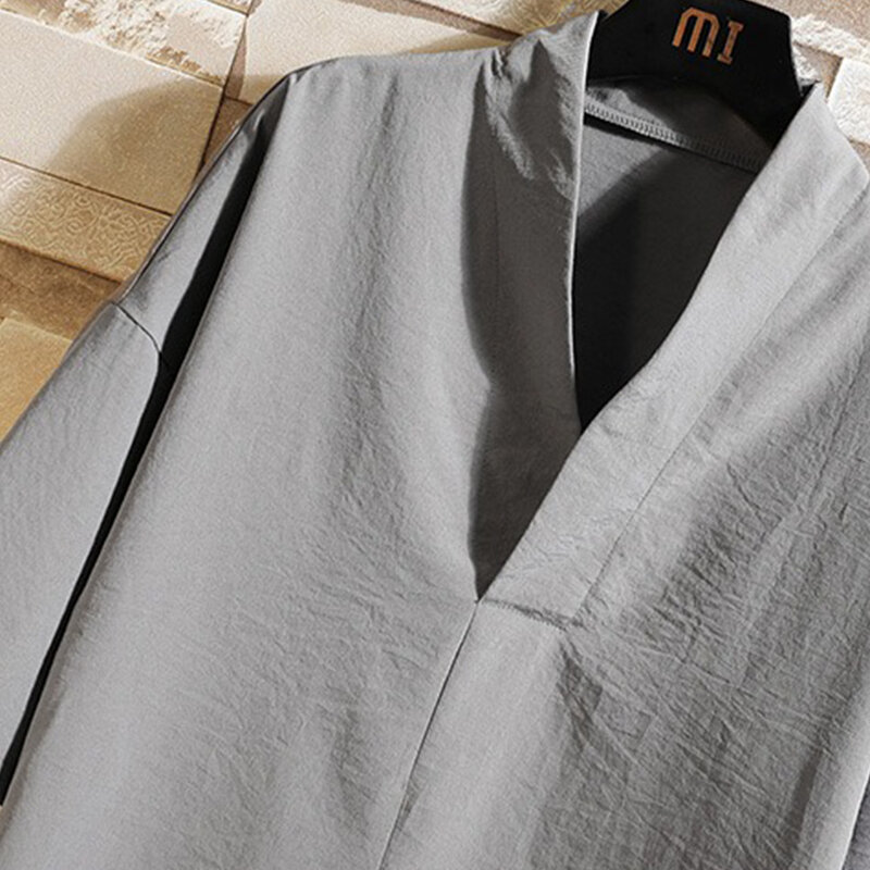 Мужской Топ, повседневная Однотонная футболка-кимоно с коротким рукавом и V-образным вырезом