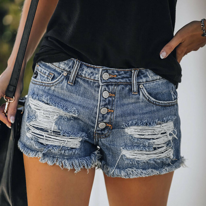 Shorts jeans de peito único feminino, cintura alta, jeans de quebra, casual, versátil, moda verão