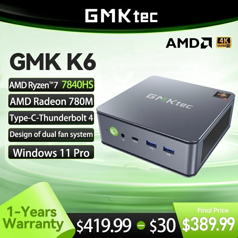 GMKtec Mini PC GBrosK6 AMD R7-7840HS NUCBOX Conception du système de ventilateur double Windows 11 Pro AMD Radeon™Thunderbolt T-C 780, 4.0 m