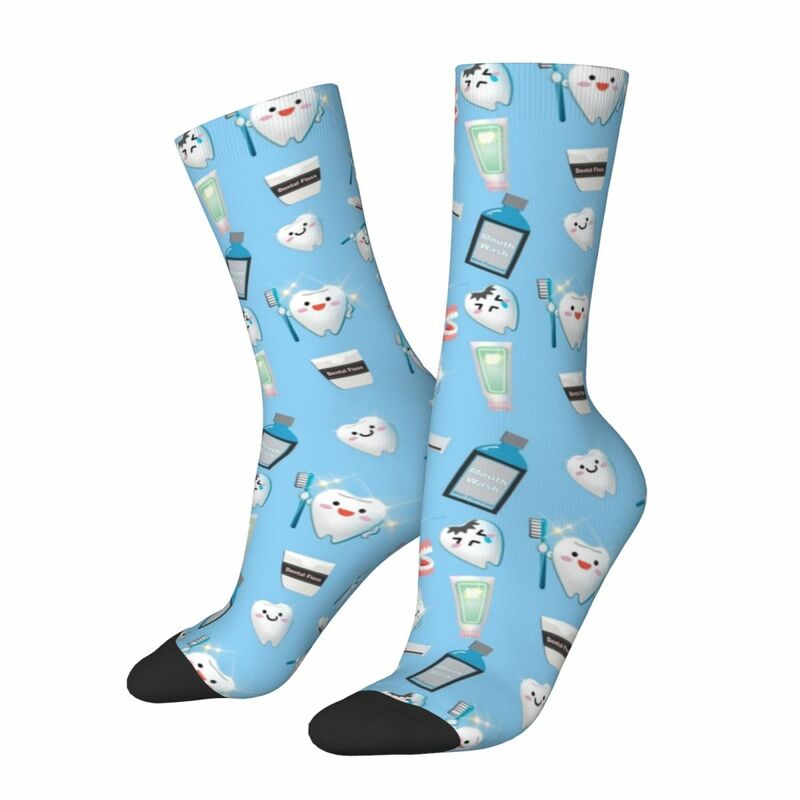 Casual Teeth Dental Pattern Blue Background Sports Socks Polyester Long Socks for Unisex Breathable