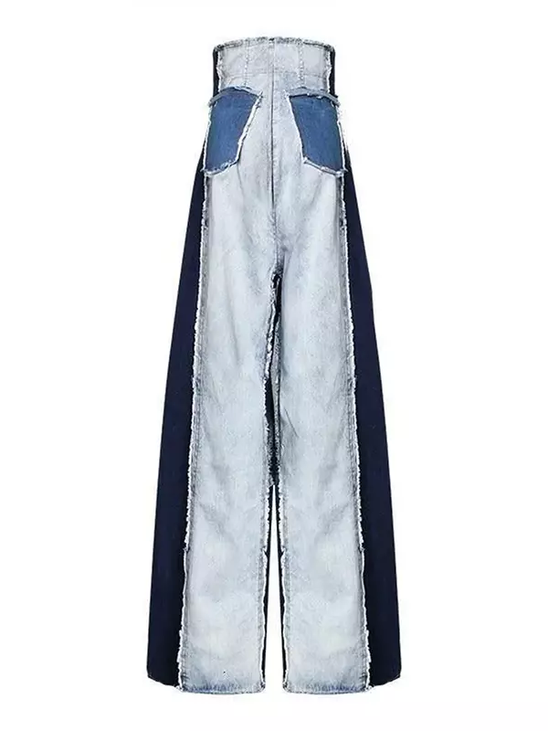 Dames Jeans Met Hoge Taille Patwork Vintage Streetwear Denim Broek Casual Colorblock Patchwork Trouwe Spijkerbroek Met Wijde Pijpen