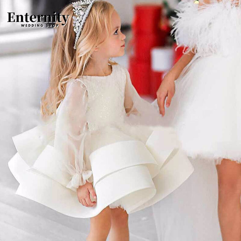 Princesse Enfant Fold O-hals Lovertjes Meisje Jurk Illusie Mouwen Baljurk Knielange Twinkelende Vestidos Para Niñas