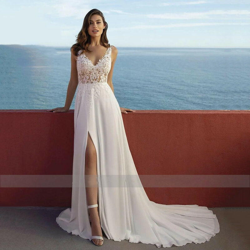 Gaun pernikahan kerah V pantai belahan tinggi seksi gaun pesta sifon tanpa lengan renda 2024 gaun panjang A-Line kancing belakang