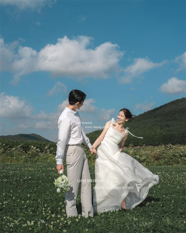 فساتين زفاف على شكل أورجانزا-فساتين زفاف بسيطة ، صور كورية ، أشرطة قابلة للتعديل ، ياقة مربعة