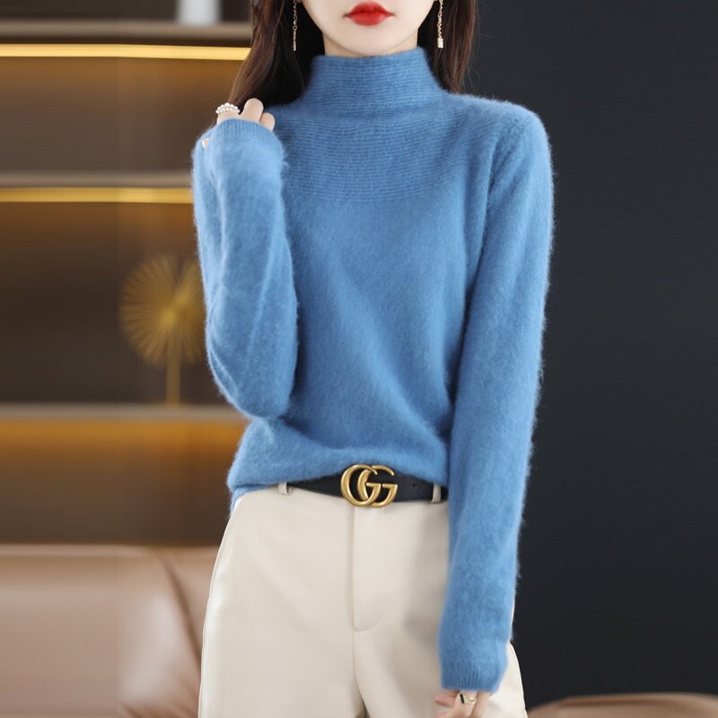 Camisola de vison feminino tricô meia gola alta base casaco outono e inverno novo estilo fino cor sólida com manga longa pulôver