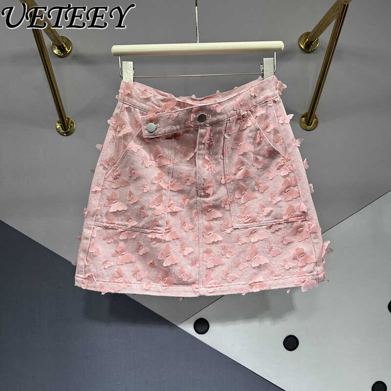 Summer Korean Style A- Line Sweet Pink Hip Short Skirt Women's Design Chic Skinny Slimming High Waist Denim Mini Skirts