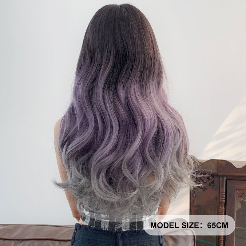 Wig 7JHH gelombang panjang tubuh ungu Wig abu untuk wanita pesta sehari-hari Wig rambut warna-warni sintetis dengan akar gelap