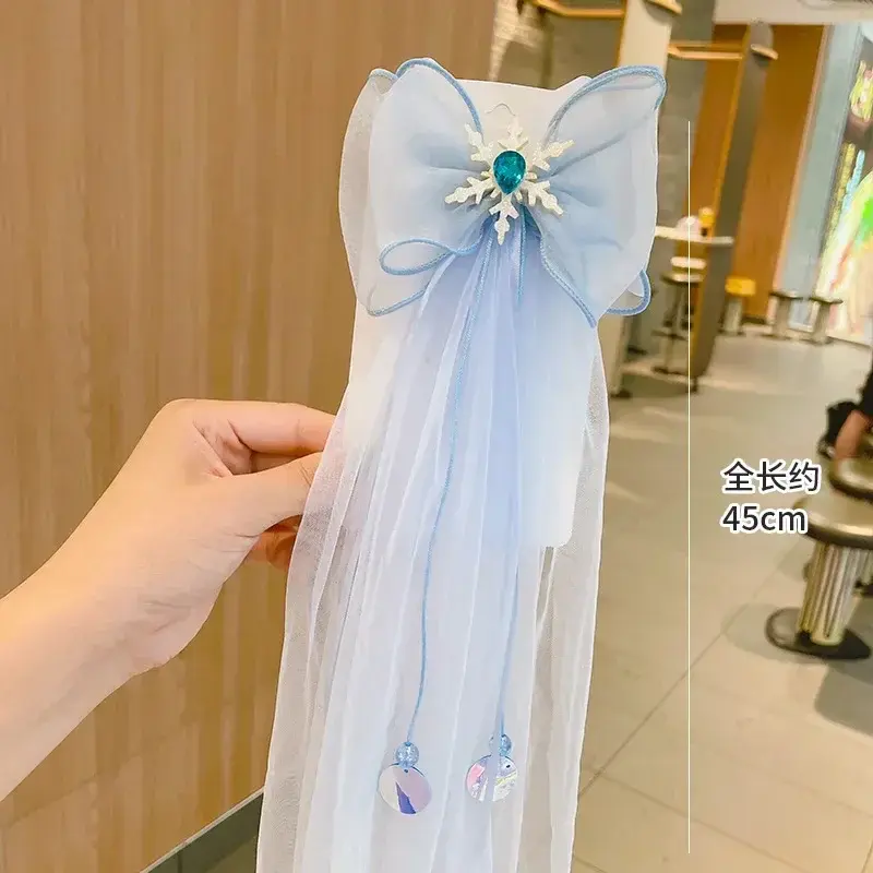 Horquilla de princesa Elsa de Frozen para niños, cinta de malla bonita, horquilla de pajarita para niña, Piaosha, borla Kawaii, regalo de cumpleaños para niña