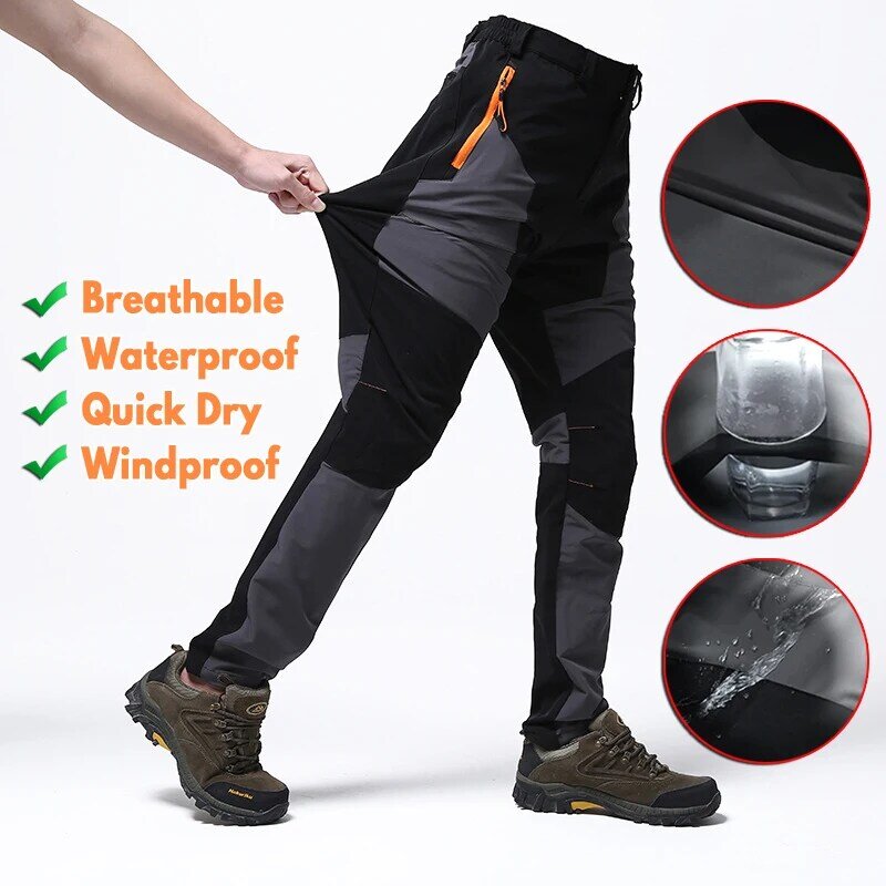 Men Summer Hiking Pants Wear-Resistant Water Splash Prevention Quick Dry UV Proof Elastic Thin Camping Trousers