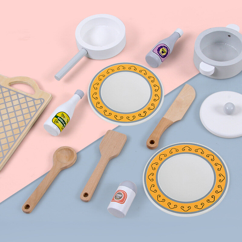 Cozinha de madeira Play House Set para crianças, Simulação Brinquedos de mesa de jantar, Utensílios de cozinha em miniatura