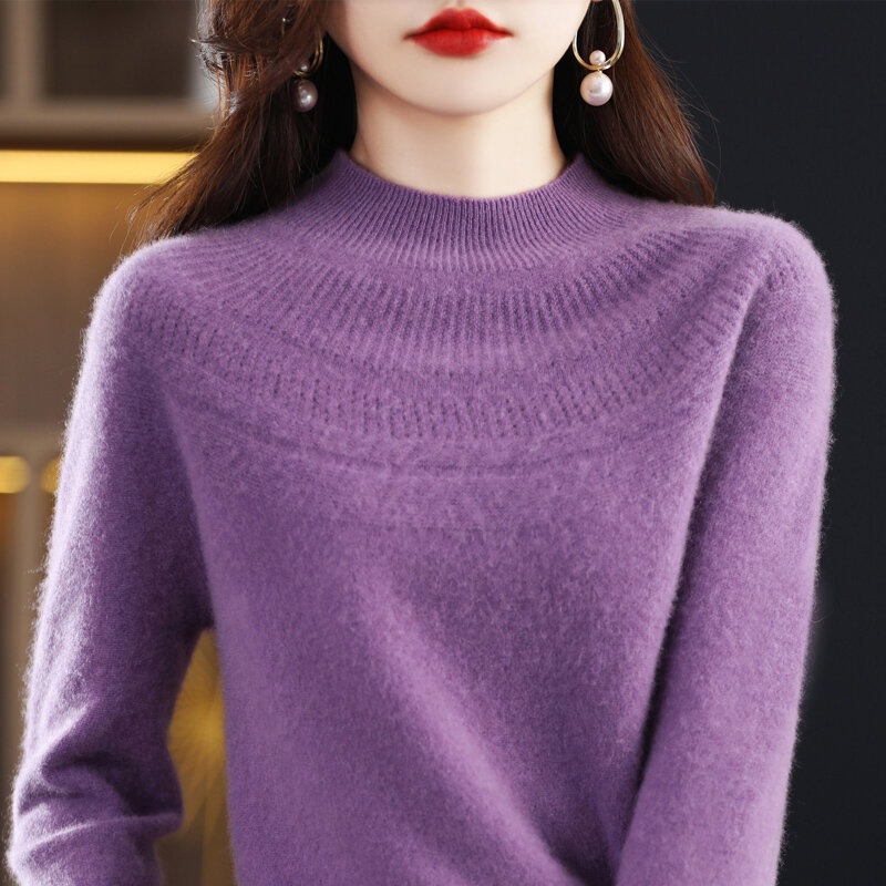 Sweater kasmir wanita, atasan Jumper longgar berongga Pullover rajut wol murni kerah setengah tinggi koneksi tanpa kelim musim gugur dan dingin 23