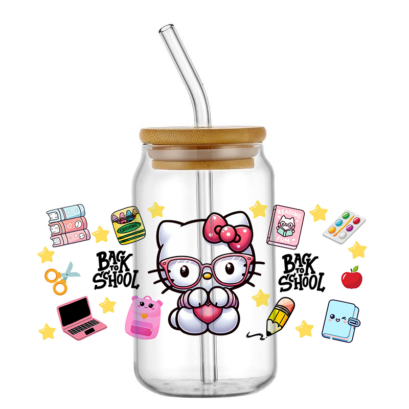 Miniso-pegatina de dibujos animados Hello Cat, envolturas de taza UV DTF de 16OZ, pegatina de transferencia para botella de lata de vidrio, autoadhesivo lavable, bricolaje personalizado