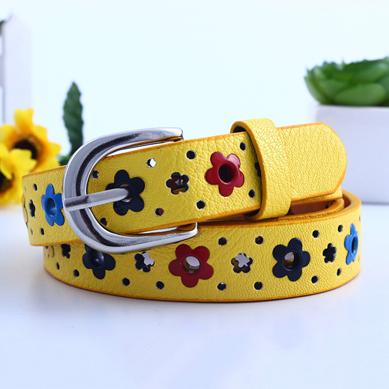 Cinturón de piel sintética para niños y niñas, cinturón ajustable con flores y mariposas huecas, hebilla de aleación